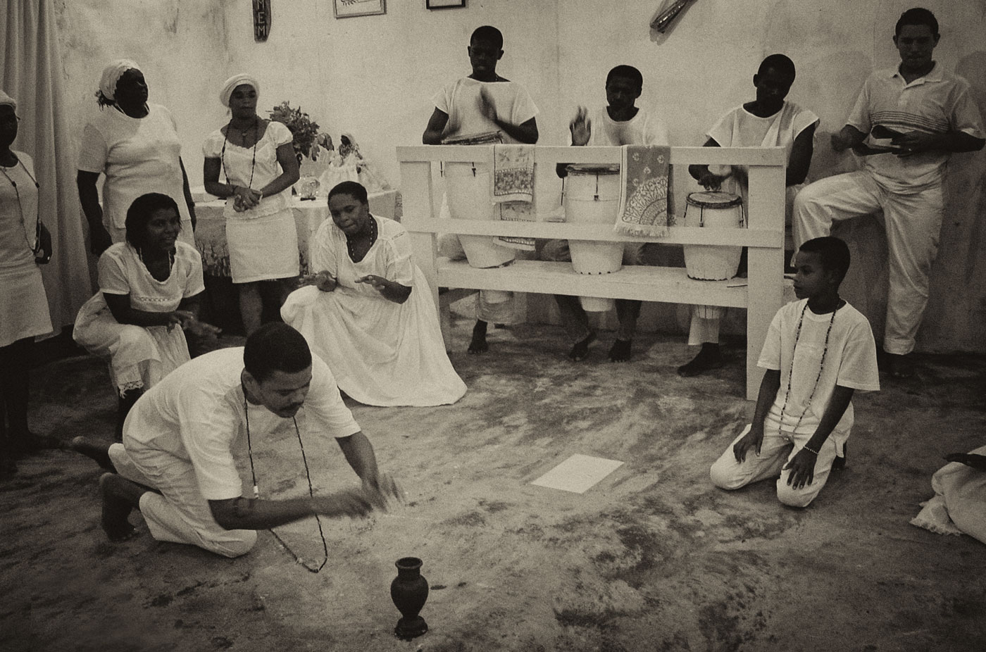 In the public part of the ceremony, mediunic priests invoke and incorporate Orixás, falling into a trance-like state, Salvador de Bahia, 2004