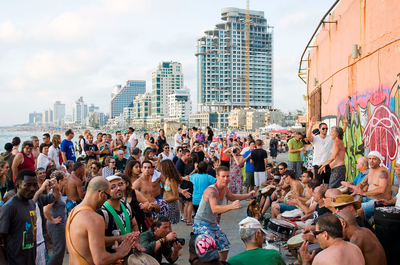 Every Friday near sunset people gather on «Drummers Beach» for the rhythms of Shabbat, Tel Aviv, 2011